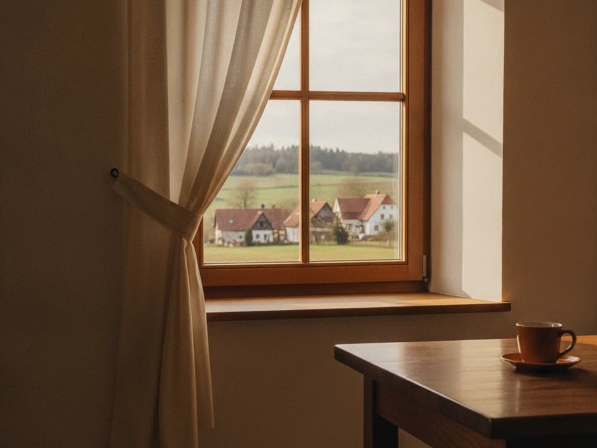 Fenster mit Blick auf die Südwestpfalz im weichen Tageslicht