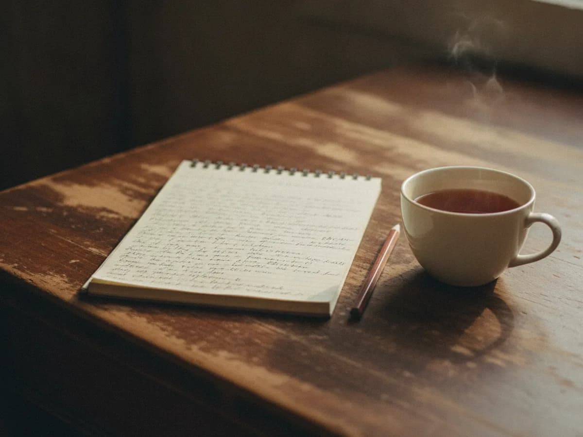 Notizblock, Stift und Tasse Tee auf einem Holztisch