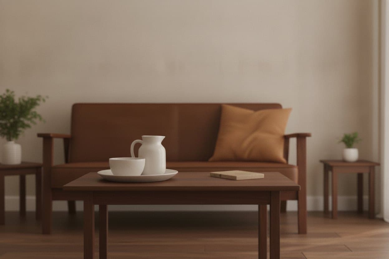 Ein ruhiges, warmes Wohnzimmer mit Sofa und gedecktem Tisch im Tageslicht